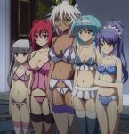  5girls age_difference ahoge aqua_hair arms_at_sides bangs black_legwear black_panties black_thighhighs blue_bra blue_hair blue_panties blunt_bangs blush blush_stickers bow bow_bra bow_panties bra braid breasts camisole cleavage collarbone cowboy_shot dark_skin demon demon_girl demon_horns door embarrassed expressionless female flipped_hair frilled_bra frilled_legwear frilled_panties frills frown garter garter_belt garter_straps gold_eyes green_eyes groin hair_between_eyes hair_intakes hair_ornament hair_ribbon hair_scrunchie hairband headdress height_difference high_ponytail highleg highleg_panties highres holding holding_arm horns human indoors inside lace lace-trimmed_thighhighs large_breasts legwear light_smile lineup lingerie long_hair looking_ahead looking_to_the_side microskirt midriff multicolored_bra multicolored_legwear multicolored_panties multiple_girls naruse_maria naruse_mio navel nonaka_kurumi nonaka_yuki open_mouth panties parted_lips pink_bra pink_eyes pink_legwear pink_panties pink_thighhighs pleated_skirt ponytail purple_bra purple_panties raised_eyebrows red_eyes redhead ribbon screencap scrunchie shadow shinmai_maou_no_testament shinmai_maou_no_testament_burst shiny shiny_hair shiny_skin short_hair siblings side_braid sideboob sidelocks silver_hair sisters size_difference skirt slender small_breasts smile standing stitched string_panties succubus thick_thighs thigh-highs thighs tied_hair training_bra twintails two_side_up underwear underwear_only violet_eyes white_hair white_legwear white_panties white_skirt white_thighhighs yellow_eyes zest_(shinmai_maou_no_testament) 