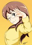  1girl absurdres aikiyun black_eyes brown_hair glasses gradient gradient_background highres keita&#039;s_mother long_hair looking_at_viewer one_eye_closed orange_background smile solo upper_body yellow_background youkai_watch 