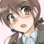  1girl blush brown_eyes brown_hair character_request glasses open_mouth ribbon simple_background solo source_request twintails 