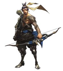  1boy absurdres arm_out_of_sleeve arnold_tsang arrow beard black_hair boots bow_(weapon) cyborg facial_hair frown full_body hanzo_(overwatch) highres male_focus official_art overwatch quiver seigaiha simple_background solo standing tattoo transparent_background weapon 