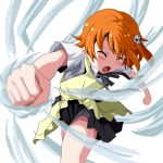  1girl anime_coloring blush clenched_hand closed_eyes hair_ornament hairpin inami_mahiru m_(milk0824) motion_blur motion_lines open_mouth orange_hair pleated_skirt short_hair skirt uniform waitress white_background working!! 