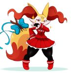  1girl bow braixen cosplay eric_lowery fang fingerless_gloves gloves half-closed_eyes highres kanzuki_karin kanzuki_karin_(cosplay) laughing looking_at_viewer ojou-sama_pose open_mouth pokemon red_eyes simple_background skirt solo sparkle sssonic2 standing stick street_fighter street_fighter_v tail thick_thighs thighs white_background wide_hips 