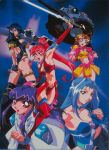  5girls 90s armpit ass breasts cleavage dennou_sentai_voogies_angel multiple_girls oldschool oobari_masami ponytail sword thigh_boots voogies_angel 