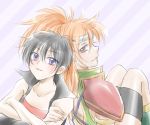  2girls armor bare_shoulders black_hair breasts brown_eyes hairband long_hair mary_argent multiple_girls orange_hair ponytail rutee_katrea short_hair shorts smile tales_of_(series) tales_of_destiny thigh-highs violet_eyes 