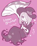  1girl chibi female full_body hair_over_one_eye hat little_witch_academia monochrome mushroom smile solo sucy_manbabalan witch_hat 