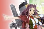 bangs blouse commentary_request jacket japanese_clothes jpeg_artifacts jun&#039;you_(kantai_collection) kantai_collection kimono long_hair looking_at_viewer magatama obi outstretched_arm parted_bangs purple_hair rigging sash shikigami smile spiky_hair split_screen violet_eyes wide_sleeves 