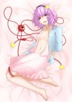  1girl arms_behind_back barefoot blue_shirt breasts buttons collarbone eyeball floral_print full_body hairband heart kashiwagi_(pixiv15394393) komeiji_satori long_sleeves looking_at_viewer navel no_bra on_bed open_clothes open_mouth open_shirt pink_hair pink_skirt shirt short_hair skirt small_breasts solo tareme third_eye touhou violet_eyes 
