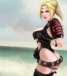  1girl ass bangbez beach belt black_gloves blonde_hair blue_eyes boots breasts circlet cleavage dead_or_alive earrings gloves jewelry leather_clothes lipstick looking_at_viewer makeup ninja_gaiden rachel_(ninja_gaiden) solo 