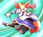  1girl artist_request braixen clothed_pokemon dress female full_body furry gradient gradient_background open_mouth pokemon red_eyes solo 