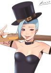  1girl ;p absurdres antique_firearm armlet asymmetrical_bangs bangs bare_shoulders blue_hair blush breasts choker cleavage firearm firelock flintlock gun hat highres jinx_(league_of_legends) league_of_legends one_eye_closed over_shoulder rifle rude_ruin solo tongue tongue_out top_hat violet_eyes weapon weapon_over_shoulder 