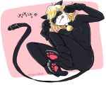  1boy adrien_agreste bell belt blonde_hair bodysuit cat_ears chat_noir fake_animal_ears feet full_body green_eyes green_sclera half-closed_eyes knees_up licking_lips looking_at_viewer male_focus mask miraculous_ladybug paw_pose paw_print shoes simple_background solo tongue tongue_out 