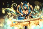  1girl alternate_costume blue_eyes blue_hair breasts chinese_clothes cleavage detached_collar hagoromo hair_between_eyes hair_rings hannah_santos highres instrument league_of_legends lips long_hair nail_polish shawl solo sona_buvelle twintails very_long_hair wide_sleeves 