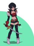  1girl aqua_background bare_shoulders belt black_hair breasts choker cleavage midriff navel rutee_katrea shoes short_hair short_shorts shorts sword tales_of_(series) tales_of_destiny thigh-highs violet_eyes weapon 