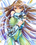  1girl aikawa_arisa angry blue_eyes bodysuit breasts brown_hair bullet electricity energy female gloves ilsa_celeste large_breasts lilith-soft long_hair open_mouth serious simple_background solo taimanin_asagi taimanin_asagi_battle_arena 