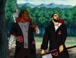  2boys beard black_hair buzz_cut cosplay dark_skin drake drake_(rapper) facial_hair future future_(rapper) katana multiple_boys mustache naruto parody sword weapon 