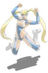  1girl blue_ribbon boots breasts celebration cleavage cleavage_cutout clenched_hand closed_eyes female highres jumping knee_boots large_breasts leotard long_hair mask muscle open_mouth rainbow_mika ribbon shadow smile solo street_fighter street_fighter_v toned twintails uheri 