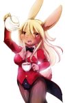  1girl blonde_hair breasts bunnysuit female furry kemoribon leotard long_hair rabbit red_eyes solo tea white_background 