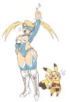  1girl blonde_hair blue_eyes boots breasts cleavage ears inkerton-kun long_hair mask open_mouth pikachu pointing pointing_up pokemon rainbow_mika simple_background street_fighter white_background wide_hips wrestling_outfit 