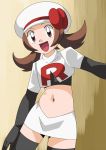  brown_eyes brown_hair hainchu kotone_(pokemon) looking_at_viewer navel nintendo pokemon smile team_rocket_(cosplay) 