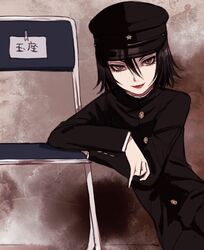  1boy androgynous black_eyes black_hair buttons chair crossed_arms eyelashes gakuran hat jaibo_(litchi_hikari_club) litchi_hikari_club looking_at_viewer male_focus maruino school_uniform sitting smile solo tsurime uniform 