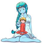  1boy 1girl :&gt; :&lt; adventure_time aqua_hair blonde_hair blue_skin blush blush_stickers braid breasts canyon_(adventure_time) cheek_poking cleavage facial_mark finn finn_the_human forehead_mark giantess green_eyes nightgown nollety pajamas pointy_ears poking shiny shiny_hair short_hair sitting sitting_on_lap sitting_on_person size_difference wariza white_background 
