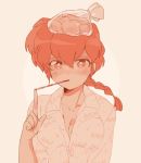  1girl blush braid breasts cleavage genderswap ice looking_at_viewer machi_(mctri) matching_hair/eyes orange_eyes orange_hair pajamas ranma-chan ranma_1/2 saotome_ranma shirt single_braid solo thermometer upper_body 