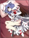  1girl ass bare_legs bed blue_hair blush boots dress embarrassed eyebrows eyebrows_visible_through_hair hat highres legs long_sleeves looking_at_viewer lying on_bed on_side panties parted_lips pillow red_eyes remilia_scarlet short_hair solo striped striped_panties thighs touhou underwear white_dress wings yadokari_genpachirou 