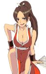  1girl artist_request breasts brown_hair cleavage fan fatal_fury large_breasts long_hair looking_at_viewer no_bra no_panties open_mouth pixiv_manga_sample ponytail revealing_clothes shiranui_mai smile solo 