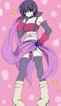  1girl bare_shoulders belt black_hair blood blush breasts cape choker elbow_gloves gloves midriff navel pink_background rutee_katrea short_hair short_shorts shorts smile star tales_of_(series) tales_of_destiny thigh-highs violet_eyes 