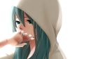  1girl aqua_eyes aqua_hair blue_hair crying female green_eyes hair_down hand_on_mouth hatsune_miku hood hoodie jewelry juuichi_(mio) long_hair ring sad solo vocaloid 