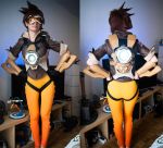  1girl ardsami ass back barefoot belt bodysuit brown_hair cosplay feet figure from_behind goggles hammer leggings looking_at_viewer overwatch room short_hair spandex television tracer_(overwatch) vest wall 