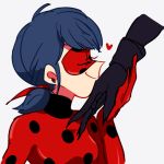  1boy 1girl adrien_agreste aoi_(ao1yui) blue_hair bodysuit chat_noir closed_eyes domino_mask hand_kiss heart kiss ladybug_(character) marinette_dupain-cheng mask miraculous_ladybug role_reversal sharp_nails short_twintails simple_background smile twintails white_background 