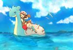  00s 1girl blue_(pokemon) brown_hair clouds eevee hat highres lapras long_hair pokemon pokemon_(game) pokemon_frlg tentacool toji_303 water wingull 