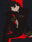  1boy androgynous arm_rest black_eyes black_hair buttons flat_color gloves knee_up lips looking_at_viewer lupin_iii male_focus open_mouth oscar_(lupin) sitting solo wavy_hair 