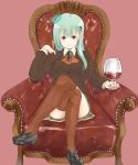  1girl alcohol armchair chair crown cup drinking_glass glasses green_eyes green_hair hair_ornament hairclip highres holding holding_glasses jacket kantai_collection legs_crossed loafers long_hair looking_at_viewer pleated_skirt raised_hand school_uniform shoes simesabaikka sitting skirt smile solo suzuya_(kantai_collection) thigh-highs wine wine_glass 