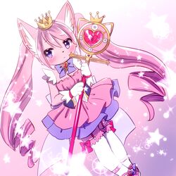  1girl cat dress female furry gradient gradient_background hat kemoribon long_hair magical_girl pink_hair shoes solo thigh-highs twintails violet_eyes white_background 