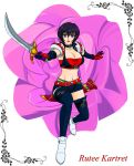  1girl belt black_hair breasts character_name choker cleavage elbow_gloves flower gloves midriff navel open_mouth rose rutee_katrea shoes short_hair short_shorts shorts sword tales_of_(series) tales_of_destiny thigh-highs violet_eyes weapon 