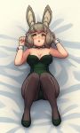  1girl animal_ears bare_shoulders bed_sheet bell bell_choker bent_knees blush breasts bunnysuit choker eyebrows eyebrows_visible_through_hair grey_hair jingle_bell looking_at_viewer lying monorus on_back pantyhose rabbit_ears sekaiju_no_meikyuu sekaiju_no_meikyuu_5 short_hair solo therian_(sekaiju) triangle_mouth wrist_cuffs yellow_eyes 
