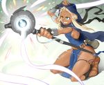  1girl blonde_hair braid breasts character_request copyright_request dark_skin fingerless_gloves gloves highres hood magic magical_girl minobu_jentoru sandals sideboob solo staff 