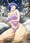  00s 1girl blue_hair breasts cleavage collarbone eyepatch green_eyes highres ikkitousen large_breasts mole official_art onsen open_mouth outdoors ryomou_shimei short_hair smile snow solo thigh-highs towel water wet 