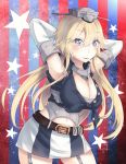  1girl belt blonde_hair blue_eyes breasts cleavage elbow_gloves garter_straps gloves hadron9 headgear highres iowa_(kantai_collection) kantai_collection large_breasts long_hair miniskirt skirt star star-shaped_pupils symbol-shaped_pupils 