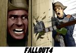  2boys black_hair character_request copyright_name fallout fallout_4 gloves gun here&#039;s_johnny! koko_nuts_(aponm) multiple_boys open_mouth parody preston_garvey sole_survivor_(male) surprised the_shining weapon 