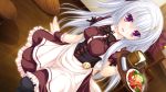  1girl bow corset drink female food grey_hair justy_x_nasty long_hair mikagami_mamizu onose_mana red_eyes ribbon waitress whirlpool 