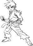  1boy artist_request breath_of_fire breath_of_fire_iii capcom company_connection cosplay dougi drawfag full_body highres male_focus monochrome namesake parody ryuu_(breath_of_fire_iii) ryuu_(street_fighter) short_hair simple_background solo source_request street_fighter white_background 