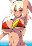  1girl :d armpits arms_up bikini blush breasts cleavage dark_skin highres huge_breasts kantai_collection moriya musashi_(kantai_collection) navel open_mouth red_eyes smile solo swimsuit tied_hair twintails twitter_username 