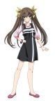  1girl black_dress bracelet brown_hair female flats full_body green_eyes hair_ribbon hand_on_hip highres huang_lingyin infinite_stratos jewelry long_hair pink_shirt pink_shoes ribbon shirt shoes solo standing tied_hair transparent_background twintails 