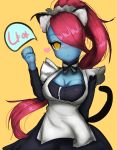  1girl apron blue_skin blush breasts cat_ears cleavage hair_over_one_eye maid maid_apron redhead solo tail undertale undyne yellow_eyes 