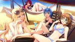  4girls :3 adjusting_hair bare_arms bare_legs bare_shoulders barefoot bikini black-framed_glasses black_bikini blonde_hair blue_bikini blue_eyes blue_hair breasts brown_eyes brown_hair carmine_(hatsuro_koto_naki_mirai_yori) chair cleavage desert drink drinking_straw eren_(hatsuro_koto_naki_mirai_yori) eyebrows eyebrows_visible_through_hair eyepatch feet flower fran_(hatsuro_koto_naki_mirai_yori) fruit fumio_(ura_fmo) game_cg glasses hair_flower hair_ornament hand_on_own_cheek hatsuru_koto_naki_mirai_yori head_wings highres horns large_breasts legs long_hair looking_at_another lying morin_(hatsuro_koto_naki_mirai_yori) multiple_girls navel open_mouth parted_lips redhead sand short_hair sky small_breasts smile sunglasses swimsuit thighs toes violet_eyes white_bikini 