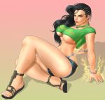  1girl asymmetrical_hair black_hair breasts cleavage cornrows crop_top laura_matsuda short_shorts shorts sitting solo street_fighter street_fighter_v thong under_boob yecow_loccour 