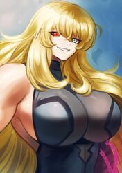  1girl armor bangs bare_shoulders biceps black_dress blonde_hair blue_eyes breasts chain dress fate/grand_order fate_(series) gauntlets gawain_(fairy_knight)_(fate) heterochromia highres jewelry large_breasts long_hair looking_at_viewer muscular muscular_female necklace red_eyes shinsaku_(stan-art) shoulder_armor sideboob single_gauntlet smile solo very_long_hair 